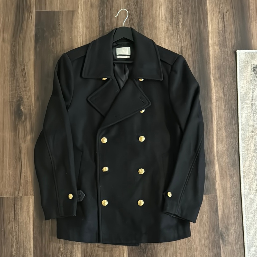 7 For All Mankind Wool Black Double-Breasted Peacoat
Gold button detail
Size L